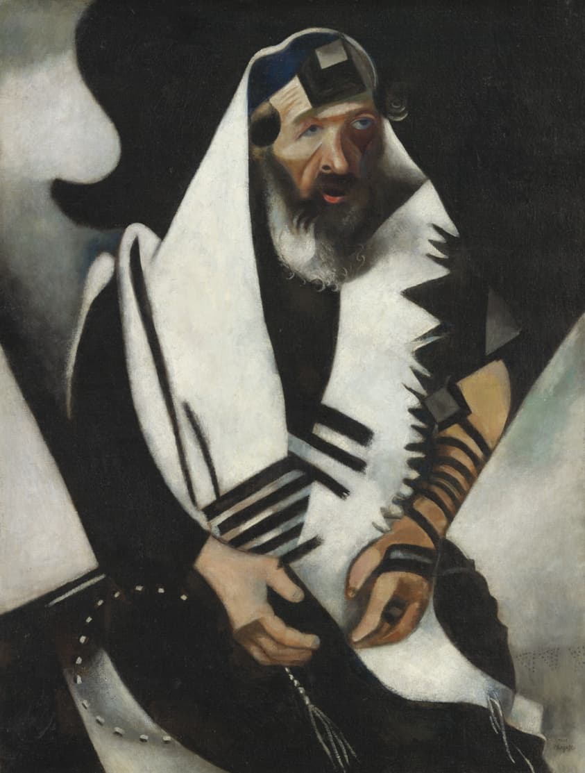 Painting of man who is seated with his hands over his lap. He is dressed in prayer clothes, with a white shawl draped over his head and shoulders. His facial features and hands are slightly distorted, and the background is an abstract pattern of black and white.