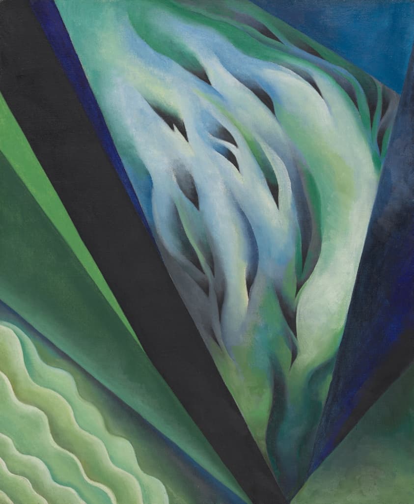Abstract painting in predominant shades of blue, green, and black, featuring diagonal bands of color and undulating lines.