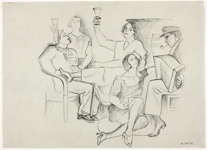 A work made of pen and black ink on gray wove paper.